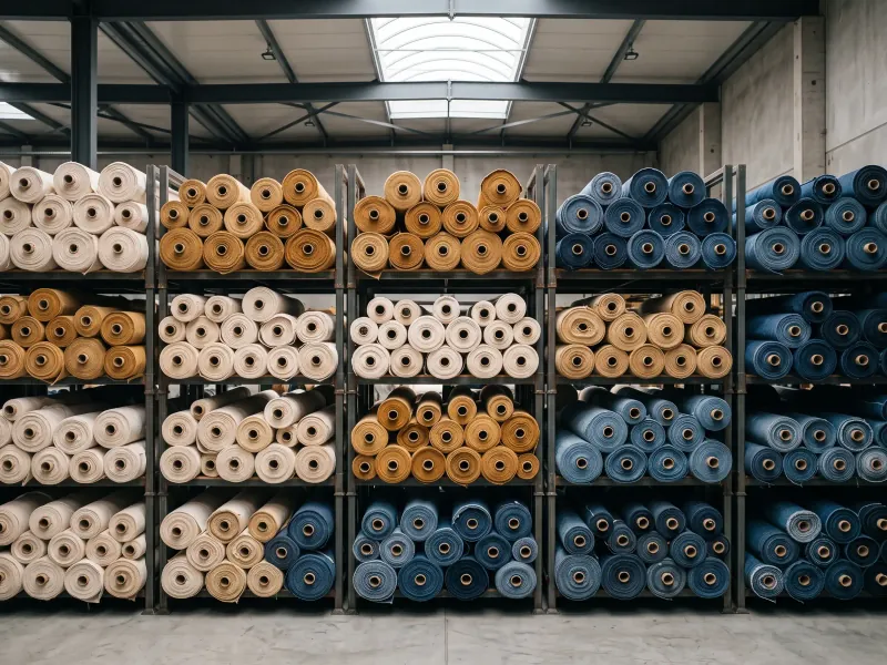 Rollos de tela apilados en almacén, sector textil y confección