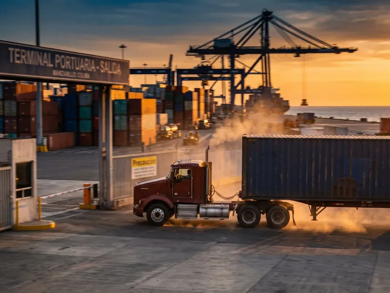 Tractocamión con contenedor saliendo de la terminal portuaria de Manzanillo